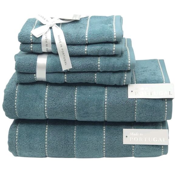 Felpinter 6pc 100% Cotton Towels Set Dark Aqua Stitched Stripe Made in Portugal - Picture 11 of 11